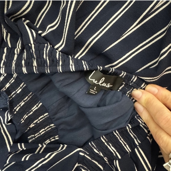 Lulus Jumpsuit Blue White Stripe Strapless Cropped Leg Open Back Elastic Waist - Picture 9 of 16